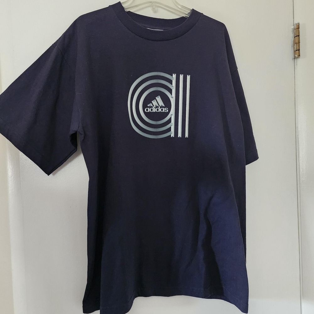 Vintage 90s Adidas T-Shirt Navy Blue Silver Chrome Sportswear Tee NWT M 1977